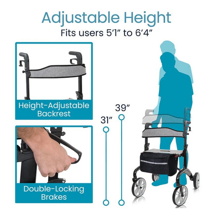 Image of the 14.5 lb Vive Health Carbon Fiber Euro-Style Rollator, featuring an adjustable height walker and backrest, double-locking brakes, and graphic silhouettes marking height settings from 31 to 39, suitable for users from 51 to 64.