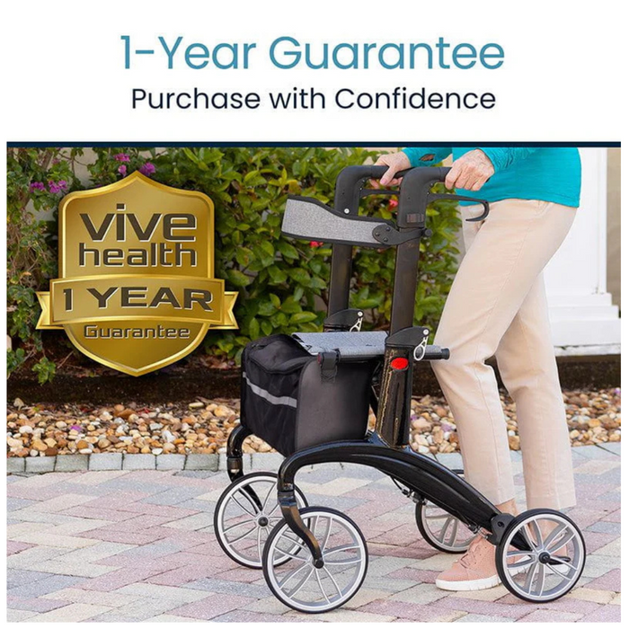 A person uses the sleek Vive Health Carbon Fiber Euro-Style Rollator outdoors on a paved path. The black rollator features a seat, storage bag, and a Vive Health 1-Year Guarantee badge, emphasizing the reliability of this 14.5-lb lightweight mobility aid.