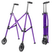 The purple Vive Health Compact Airframe Ultralite Walker, weighing just 7 lbs, is shown with handles and four wheels in an open position on the left and folded for compact storage on the right, making it perfect for travel.