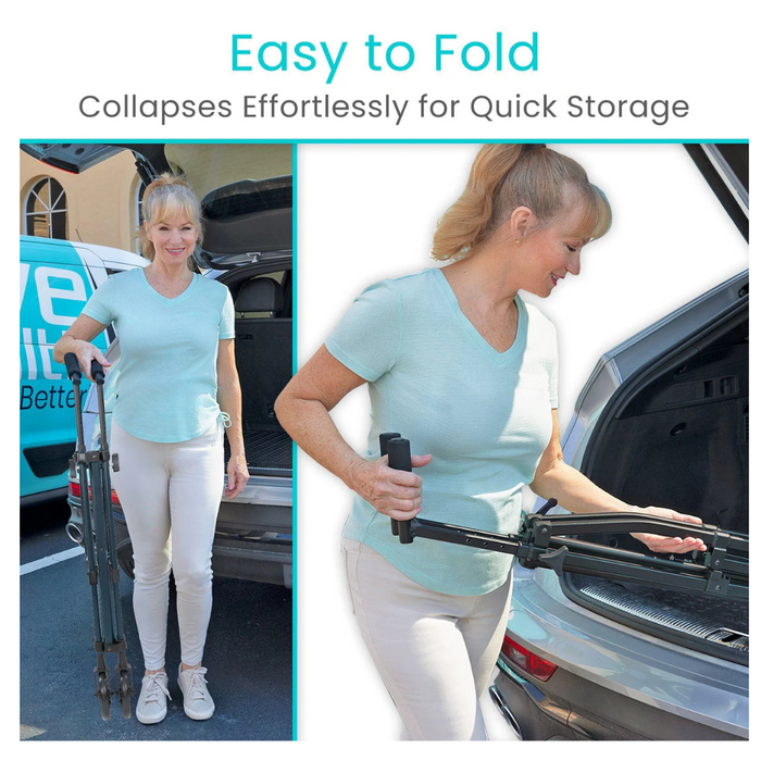 A woman demonstrates folding a Vive Health Compact Airframe Ultralite Walker with Wheels, showcasing its effortless storage in a car trunk alongside a mobility scooter. Text reads: Easy to Fold - Collapses Effortlessly for Quick Storage.