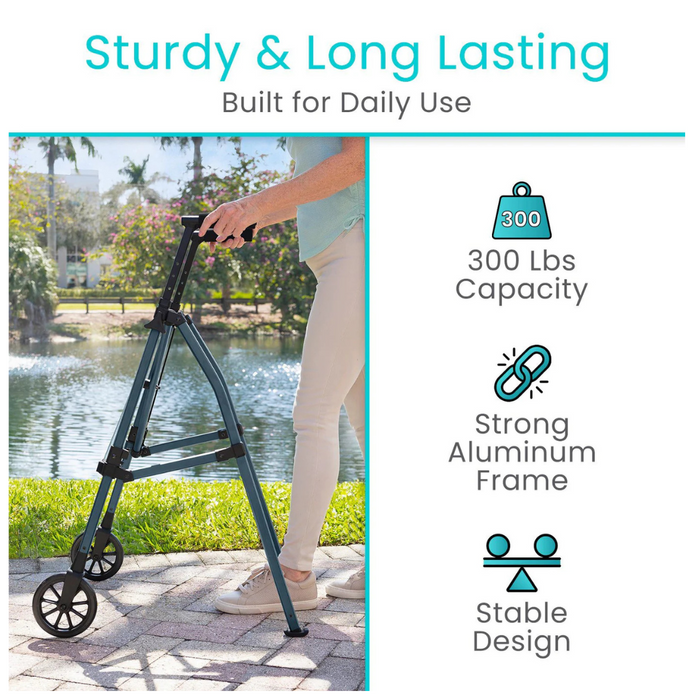 A person is using a Vive Health Compact Airframe Ultralite Walker with Wheels, weighing just 7 lbs, near a pond. Its strong aluminum frame supports up to 300 pounds and is designed for stability and durability. Text overlays highlight its lightweight and travel-ready features.