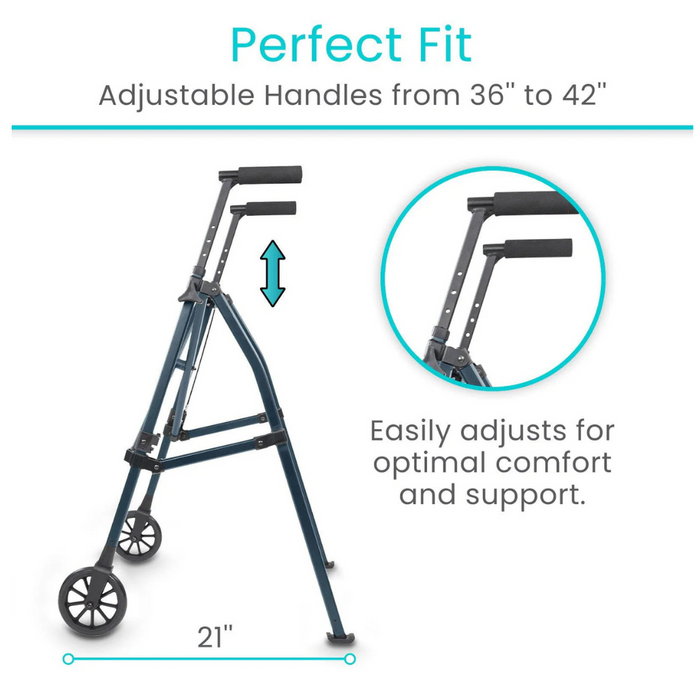 Diagram of the Vive Health Compact Airframe Ultralite Walker in blue, featuring adjustable handles from 36 to 42 inches. Arrows indicate comfort-focused adjustability. At just 7 lbs and with a base width of 21 inches, it offers a lightweight, travel-ready design for support and convenience.