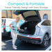 A woman loads a folded stroller into the trunk of a silver SUV. The text reads Compact & Portable: Travel-Friendly Design with Easy Storage, like our Vive Health Compact Airframe Ultralite Walker, just 7 lbs. A delivery van is parked nearby in a sunny outdoor setting.