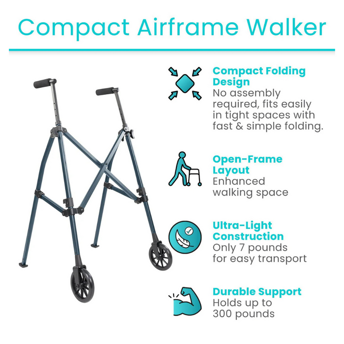 The Vive Health Compact Airframe Ultralite Walker features a travel-ready, compact folding design, open-frame layout for extra walking space, and weighs just 7 lbs. It supports up to 300 lbs, making it an ideal mobility solution for on-the-go convenience.