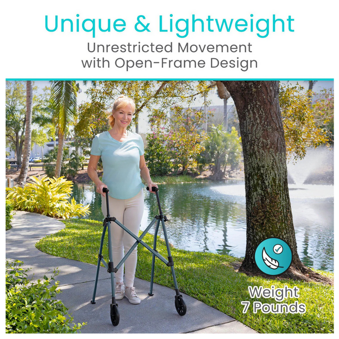 An older adult stands lakeside under a tree, using the Vive Health Compact Airframe Ultralite Walker with Wheels. This travel-ready walker weighs just 7 lbs and features a unique, lightweight design, perfect for on-the-go adventures.