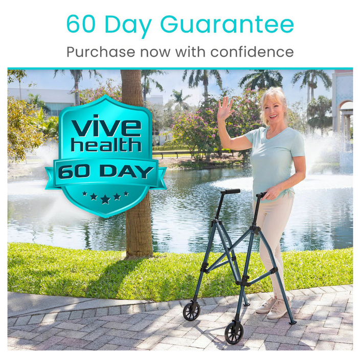 An elderly woman smiles and waves while using the Vive Health Compact Airframe Ultralite Walker with Wheels outdoors by a pond. Text overlay reads 60 Day Guarantee - Purchase now with confidence – Vive Health 60 Day with a shield logo.