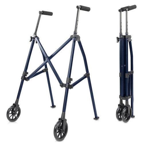 The Vive Health Compact Airframe Walker is shown in blue with black handles and large front wheels, fully extended on the left and folded on the right. This ultralight walker, weighing only 7 lbs, offers mobility support and is travel-ready.