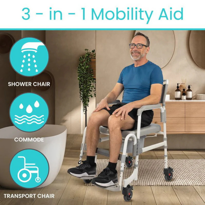 In a modern bathroom, a man sits on the Vive Health Shower Commode Transport Chair. This mobility aid boasts a lightweight aluminum frame and locking wheels, easily serving as a shower chair, commode, and transport chair, with icons illustrating its versatility.