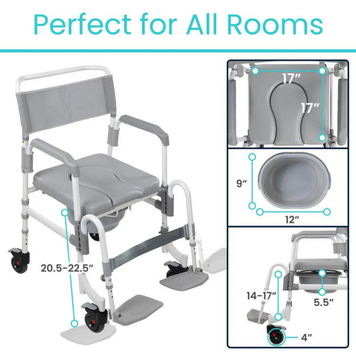 The Vive Health Shower Commode Transport Chair features a lightweight aluminum frame with locking wheels for safety, a padded seat with 17 width, 16.5 depth, and adjustable height from 20.5-22.5. It includes armrests and footrests, with detailed visualizations of the seat and wheels. Ideal for all rooms.