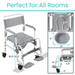 The Vive Health Shower Commode Transport Chair features a lightweight aluminum frame with locking wheels for safety, a padded seat with 17 width, 16.5 depth, and adjustable height from 20.5-22.5. It includes armrests and footrests, with detailed visualizations of the seat and wheels. Ideal for all rooms.