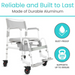 The Vive Health Shower Commode Transport Chair features a rust-proof, lightweight aluminum frame, locking wheels, armrests, and a footrest. It supports up to 300 lbs with informational icons highlighting its durable design.