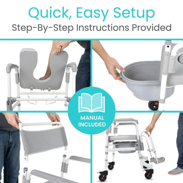 A collage shows the assembly of a Vive Health Shower Commode Transport Chair. Hands fit parts together. The text reads, Quick, Easy Setup, emphasizing Step-by-Step Instructions Provided and Manual Included for a smooth process with locking wheels.