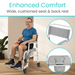 A man sits on the Vive Health Shower Commode Transport Chair, featuring a wide, cushioned seat and backrest. The image includes two circular insets offering close-ups of these features. Text reads Enhanced Comfort: Wide, cushioned seat & backrest.