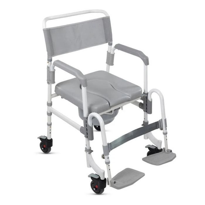 The Vive Health Shower Commode Transport Chair is gray and white with a padded seat, adjustable armrests, and footrests. Its made from lightweight aluminum and has four wheels, two with locking mechanisms for safety.