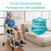 A man in a blue shirt sits on a Vive Health Shower Commode Transport Chair in a modern bedroom. Text above reads Vive Guarantee and Purchase now with confidence. A shield icon says Vive Health 60 Day Guarantee.