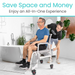 A smiling older man sits in a Vive Health Shower Commode Transport Chair next to the bathtub, assisted by a younger man in a bright, minimally decorated room with plants. The text reads, Save Space and Money - Enjoy an All-In-One Experience.