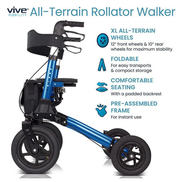 The Vive Health All-Terrain Sunstride Portable Rollator boasts 12 front and 10 rear XL wheels, a foldable design, padded seat with backrest, and a lightweight aluminum frame for easy handling by Vive Mobility.