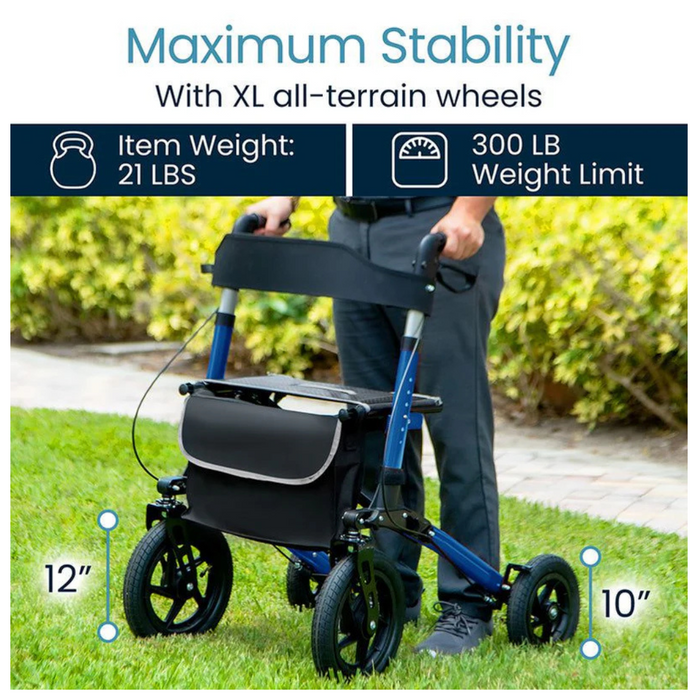 A person walks outdoors with a Vive Health All-Terrain Sunstride Portable Rollator featuring large all-terrain wheels and a lightweight aluminum frame. The image highlights the rollators weight of 21 lbs, a 300 lbs weight limit, and XL front wheel dimensions of 12 inches and 10 inches.