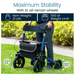 A person walks outdoors with a Vive Health All-Terrain Sunstride Portable Rollator featuring large all-terrain wheels and a lightweight aluminum frame. The image highlights the rollators weight of 21 lbs, a 300 lbs weight limit, and XL front wheel dimensions of 12 inches and 10 inches.