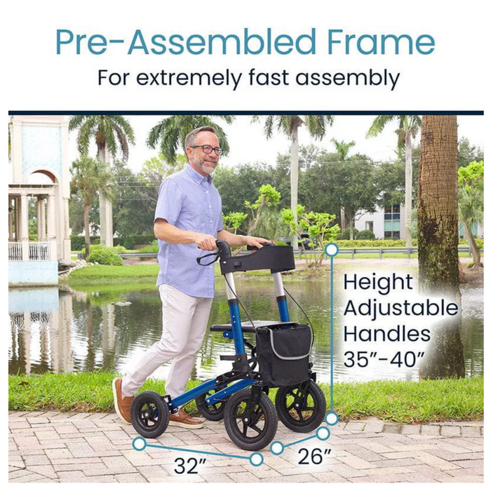 A man stands by a blue Vive Health All-Terrain Sunstride Portable Rollator - XL Front Wheels near a pond, surrounded by palm trees. The lightweight aluminum frame comes pre-assembled, features height-adjustable handles from 35 to 40, and includes a storage basket for convenience.