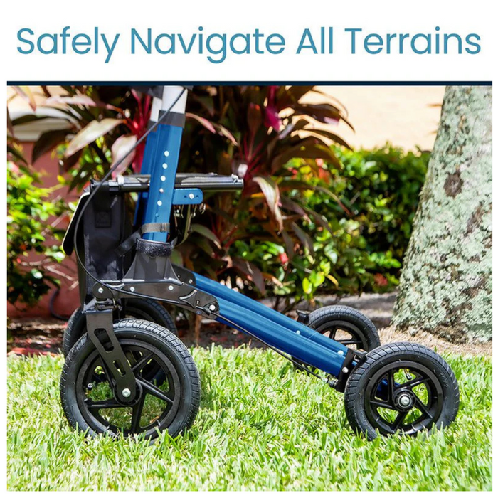 Close-up of a blue Vive Health All-Terrain Sunstride Portable Rollator on grass, with XL front wheels and a sturdy frame. Surrounded by greenery and trees, the image features the text Safely Navigate All Terrains at the top.