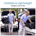 A man in a light blue shirt demonstrates the Vive Health All-Terrain Sunstride Portable Rollator, featuring XL front wheels. He folds it and places it in a car trunk, highlighting its lightweight portability and easy storage.