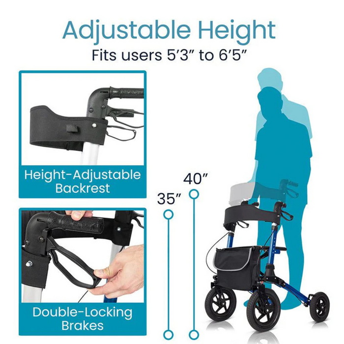 Illustration of the Vive Health All-Terrain Sunstride Portable Rollator with XL front wheels. It has a height-adjustable aluminum frame, backrest, and double-locking brakes for users 53 to 65. Max height is 40, min is 35, compared alongside human height for perspective.