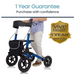 A person stands with the Vive Health All-Terrain Sunstride Portable Rollator, showcasing its blue and black design, XL durable all-terrain wheels, lightweight aluminum frame, and easy maneuverability. The image features a gold shield emblem highlighting a 1 Year Guarantee with Vive Health branding.