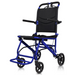 The Vive Health Lightweight Transport Wheelchair, weighing only 23 lbs, showcases a blue frame and black seat. It includes cushioned armrests, a footrest, and four small wheels. The compact steel design ensures durability and comfort for easy transport and storage.