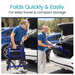 A man in a blue shirt folds a Vive Health Lightweight Transport Wheelchair, only 23 lbs, and places it in a car trunk. The image highlights easy folding for travel and storage, with cars and trees in the background showcasing its mobility benefits.