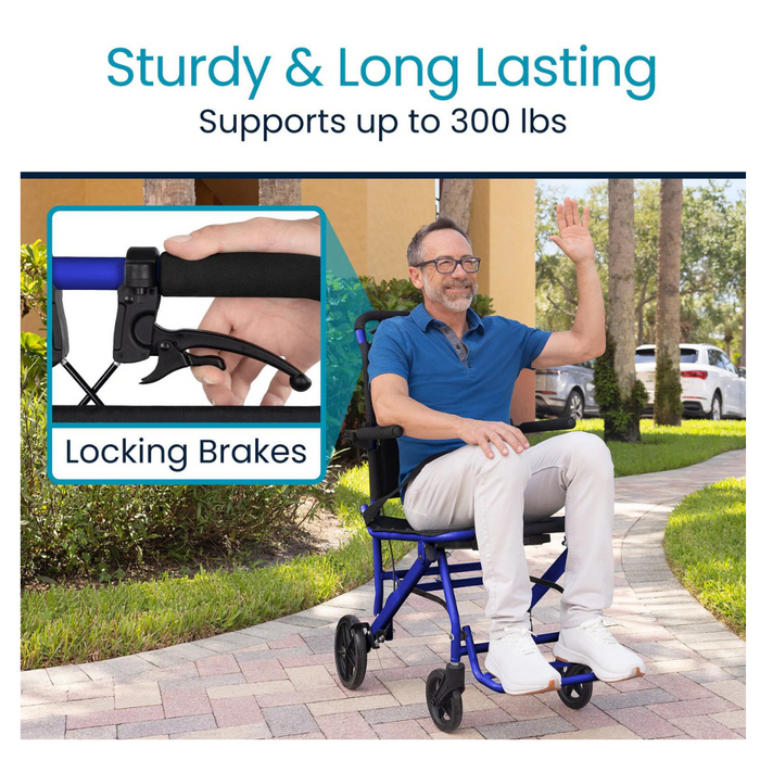 A man in a blue shirt smiles and waves from a Vive Health Lightweight Transport Wheelchair, designed broadly compact, on a sunny pathway. An inset image highlights the locking brakes. Text reads, Sturdy & Long Lasting, Supports up to 300 lbs.