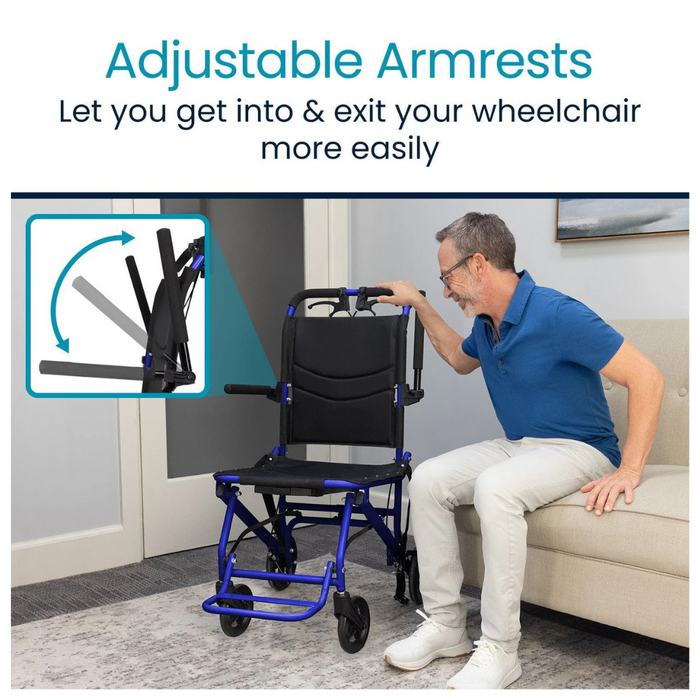 A man in a blue shirt demonstrates the Vive Health Lightweight Transport Wheelchairs adjustable armrests, aiding easy access. Its compact design fits neatly beside a beige sofa in the living room, highlighting its superb mobility assistance.