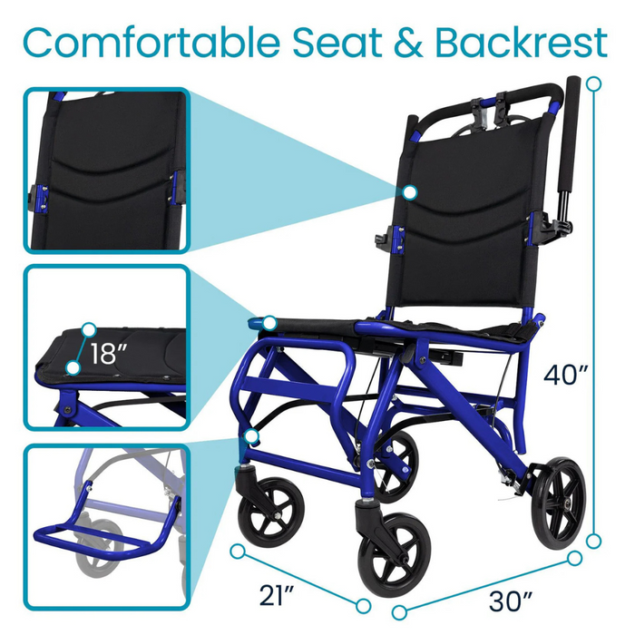 This image features the Vive Health Lightweight Transport Wheelchair, weighing only 23 lbs. Its perfect for mobility assistance with a compact design, seat dimensions of 18 inches, and overall measurements of 40 H x 21 W x 30 D. It offers a comfortable seat and backrest with four wheels for easy movement.