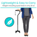 A person in gray pants and a blue cardigan holds the Vive Health SureWalk Stand-Alone Quad Cane, featuring an ergonomic handle and quad base. Text highlights Lightweight & Easy to Carry with a weight of just 20 oz, symbolized by a feather icon for lightness. Made from heavy-duty aluminum.