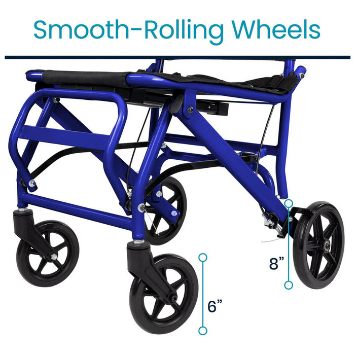 Close-up of Vive Health Lightweight Transport Wheelchair, weighing only 23 lbs, featuring a compact design with smooth-rolling wheels. Equipped with two 6-inch front and two 8-inch back black wheels for ideal mobility assistance.