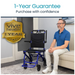 A man relaxes on a couch next to a blue and black wheelchair, showcasing its compact design. The graphic text reads 1-Year Guarantee. Purchase with confidence, while a gold badge says Vive Health 1 Year, emphasizing premium mobility features of this Vive Health Lightweight Transport Wheelchair.