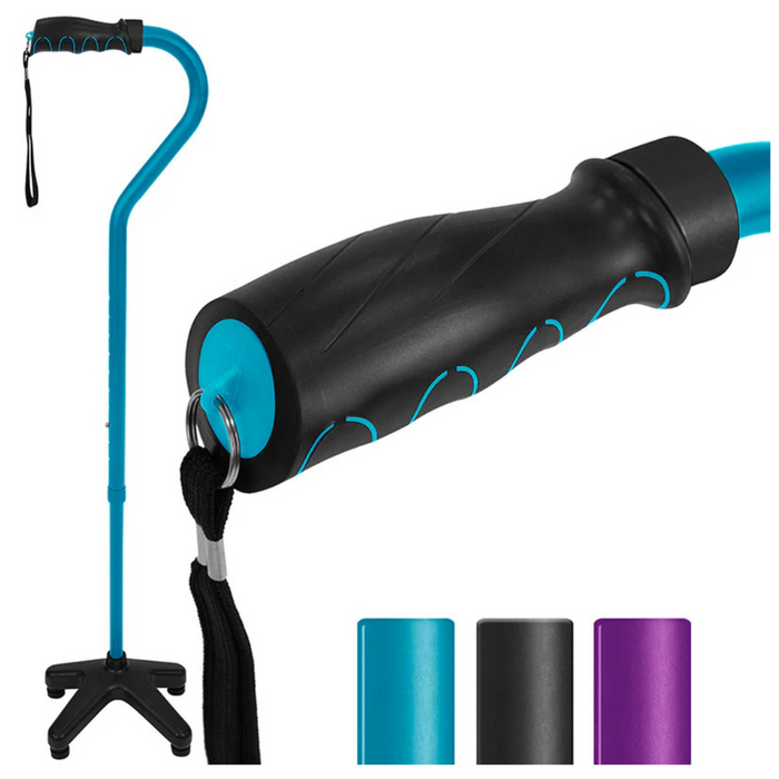 The Vive Health SureWalk Stand-Alone Quad Cane features a detailed view of its ergonomic black handle and robust blue aluminum shaft. It offers enhanced stability with a quad base and comes in three colors: blue, black, and purple.