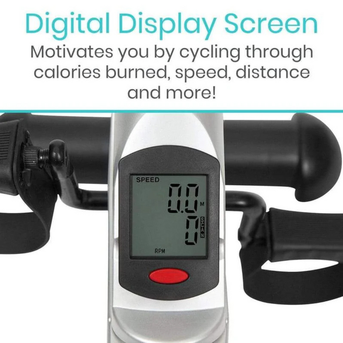 The image depicts the Vive Health Portable Pedal Exercisers digital display showing zero speed and RPM, ideal for low-impact exercise. It features black grip handlebars and pedal straps, with the text Digital Display Screen, highlighting motivational features.