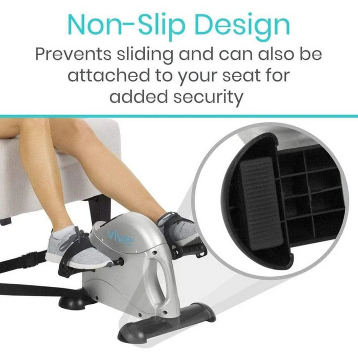 The Vive Health Portable Pedal Exerciser, a compact solution for exercise, features a Non-Slip Design to prevent sliding and has adjustable resistance for customized workouts. A close-up reveals the pedal’s textured surface, perfect for physical therapy sessions under a chair.