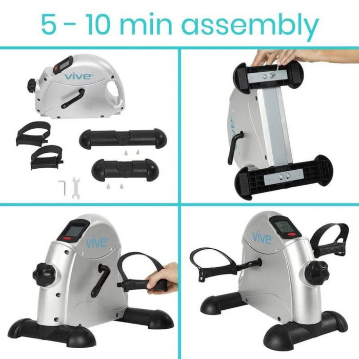 Collage of Vive Health Portable Pedal Exerciser assembly: shows disassembled parts, side view in progress, and completed bike with handles and digital display. Offers a low-impact workout with text 5 - 10 min assembly.