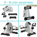 Collage of Vive Health Portable Pedal Exerciser assembly: shows disassembled parts, side view in progress, and completed bike with handles and digital display. Offers a low-impact workout with text 5 - 10 min assembly.