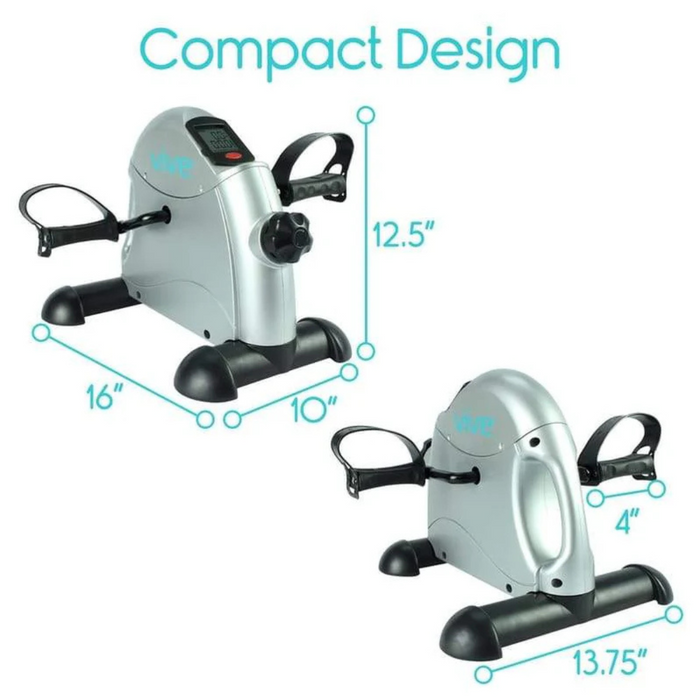 The Vive Health Portable Pedal Exerciser is ideal for physical therapy or exercise, measuring 16 L x 10 W x 12.5 H in front view and 13.75 W x 4 D in side view. It includes an adjustable resistance knob and a digital display to track your progress.