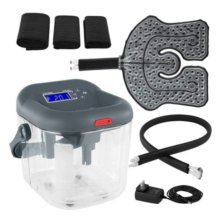 The Vive Health Ice Therapy Machine offers targeted pain relief with its versatile cooling system, featuring a digital display, transparent water reservoir, and flexible pad. It includes three black wraps, a connecting hose, and a power adapter for effective cold therapy.