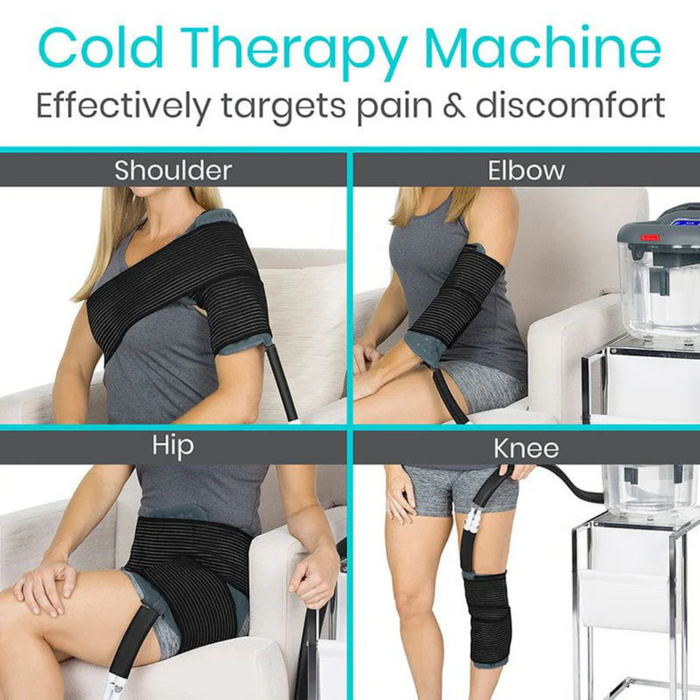 A woman uses the Vive Health Ice Therapy Machine, applying wraps to her shoulder, elbow, hip, and knee. Each image shows a tube connected to the device. Text reads: Effectively targets pain & discomfort for reliable relief.