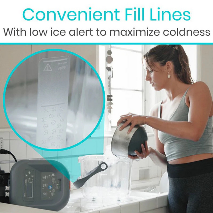 In a kitchen, a woman pours water into the Vive Health Ice Therapy Machine. An inset shows fill lines and a low ice alert indicator for optimal cold therapy. Text at the top reads, Convenient Fill Lines and Low ice alert to maximize coldness.