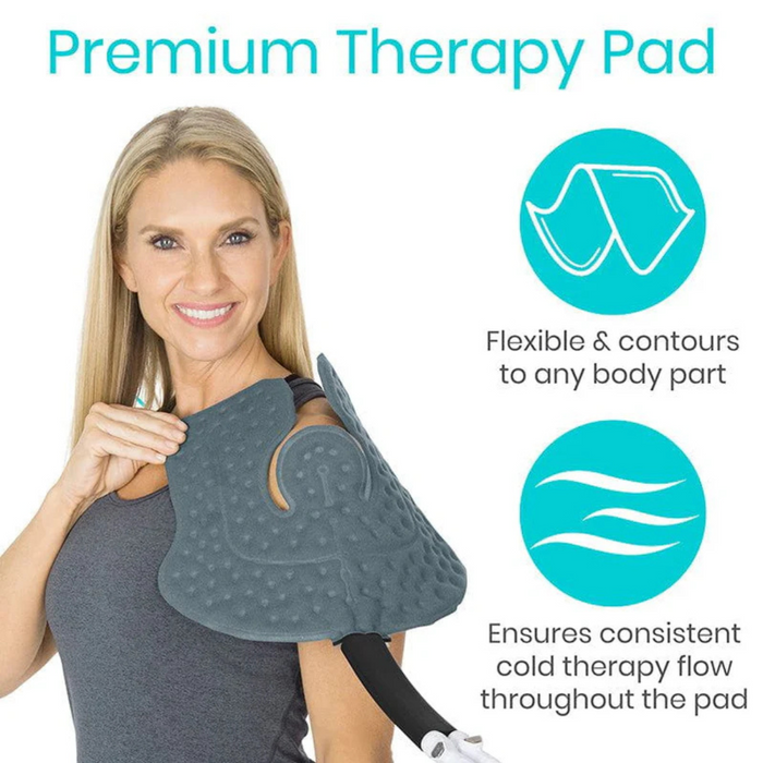 A person uses the Vive Health Ice Therapy Machine by wearing a textured grey pad on their shoulder. Its flexible design contours to any body part, ensuring targeted cold therapy and consistent flow, making it perfect for versatile pain relief.