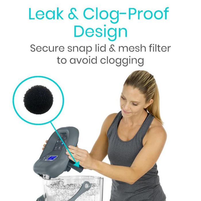 A woman in a gray tank top holds the lid of the Vive Health Ice Therapy Machine. Text above reads, Leak & Clog-Proof Design, with a circular inset showing a mesh filter. Text below says, Secure snap lid & mesh filter to avoid clogging, ensuring targeted pain relief like an ice therapy machine.