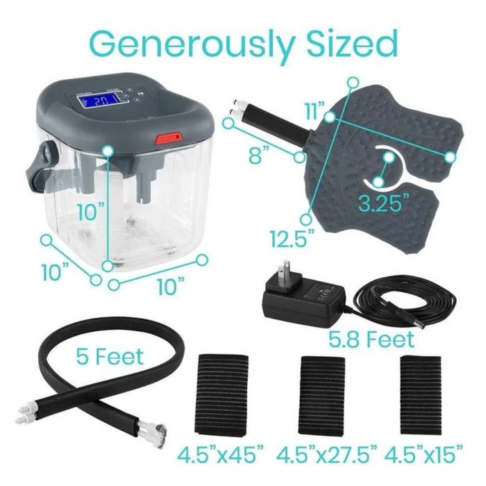 Image of the Vive Health Ice Therapy Machine with a 10x10x10 water tank, featuring a 5 ft hose, a 12.5x8 filter pad, a 5.8 ft power cord, and three adhesive strips sized 4.5x4.5, 4.5x27.5, and 4.5x15.