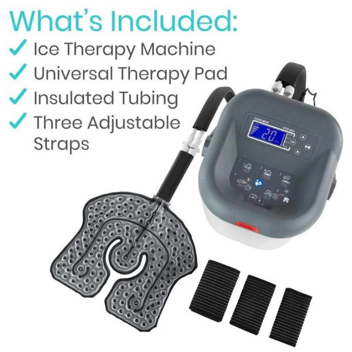 The image showcases the Vive Health Ice Therapy Machine, featuring a digital display for targeted cold therapy via insulated tubing attached to a gray universal pad. It includes three adjustable straps for customizable relief and lists: Ice Therapy Machine, Universal Pad, Insulated Tubing, Straps.