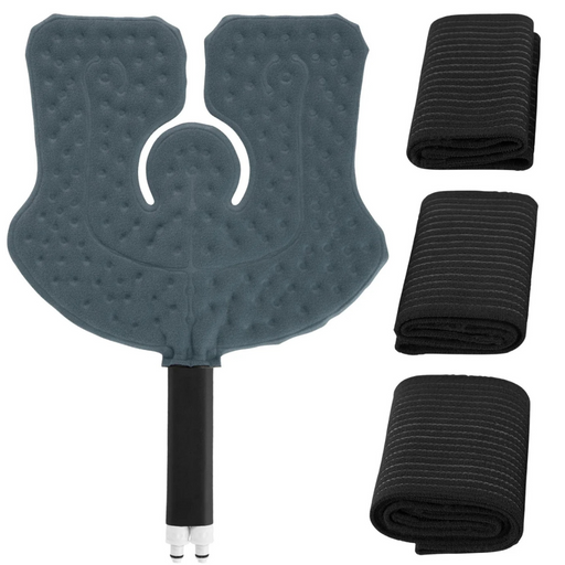The Vive Health Ice Therapy Machine Replacement Pads feature a gray, U-shaped design with a textured surface and a black hose attachment at the bottom. Three ribbed compression wraps are rolled up on the right for effective therapy.